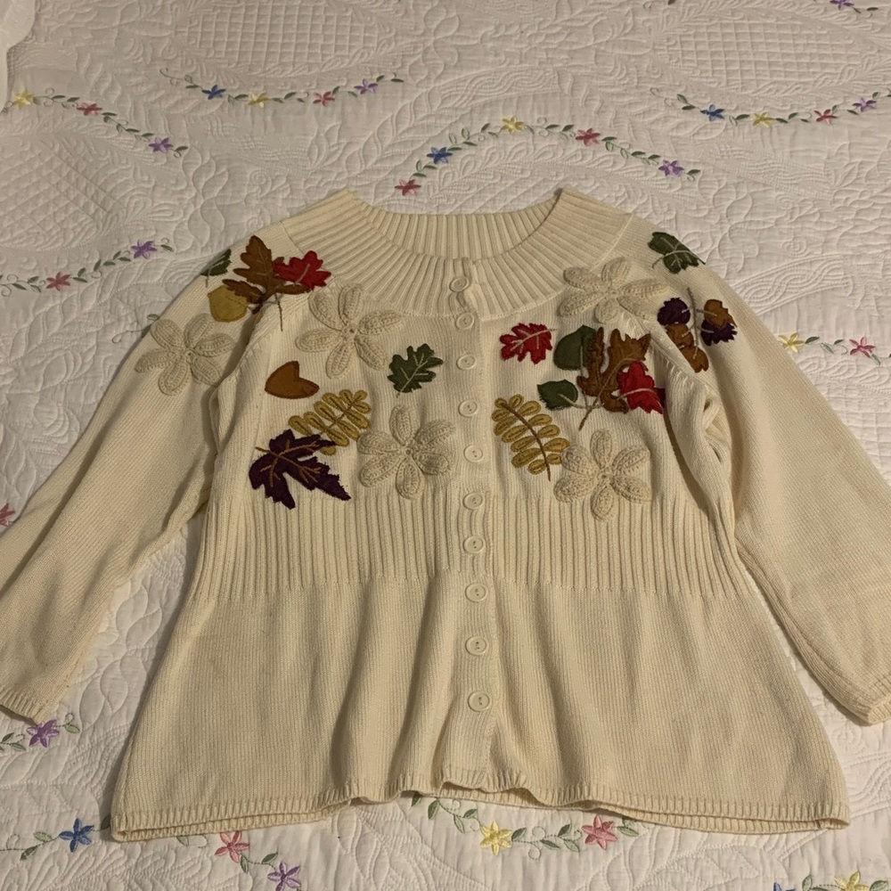Classic Elements Cream Cardigan with Colorful Embroidery